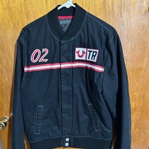 True Religion Men's Black Bomber Jacket with Red Accents